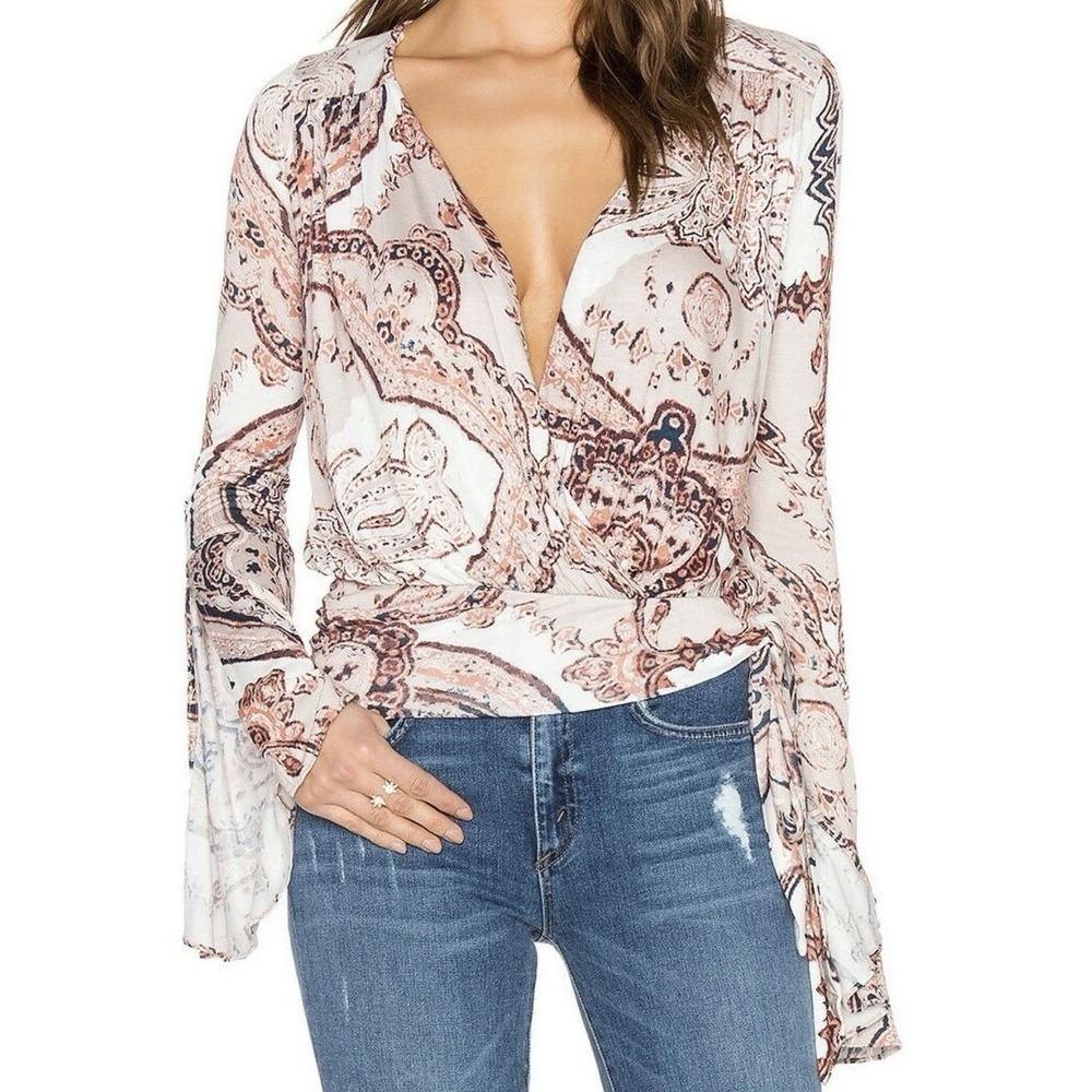 Free People White and Blush Paisley Wrap Blouse